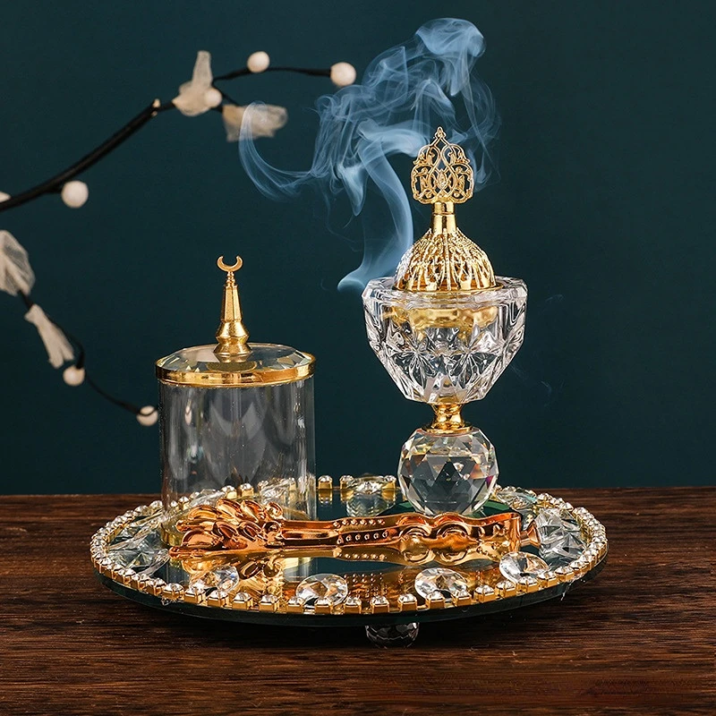 Art Craft Decoration Ideas - Round Gold Crystal Incense Burner Set